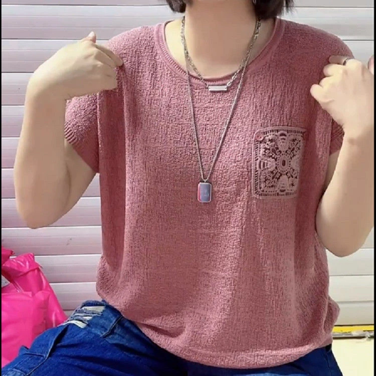 2025夏季新款妈妈装盘花纽扣口袋短袖纯色宽松圆领洋气打底衫