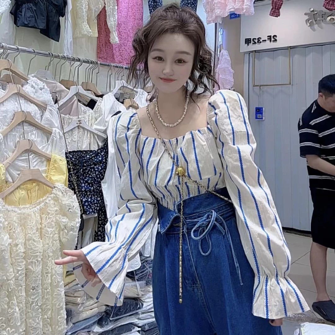 秋季新款方领竖条纹带飘带褶皱显瘦上衣