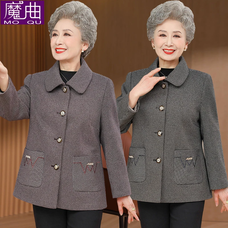 2025新款妈妈春装洋气质外套老年人春秋奶奶西装翻领细格子上衣服