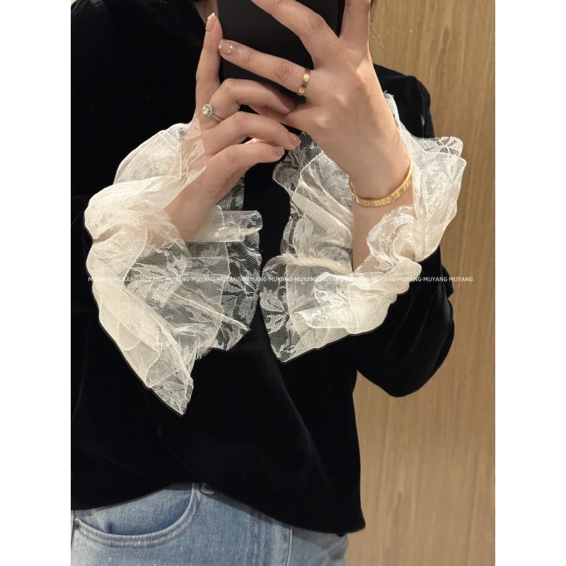 MUYANG 25新款真丝丝绒蕾丝喇叭袖黑色长袖气质百搭丝绒上衣