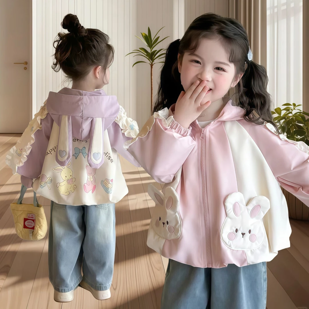 女童春装薄外套新款儿童春秋款时髦潮款女宝宝春季卡通连帽上衣