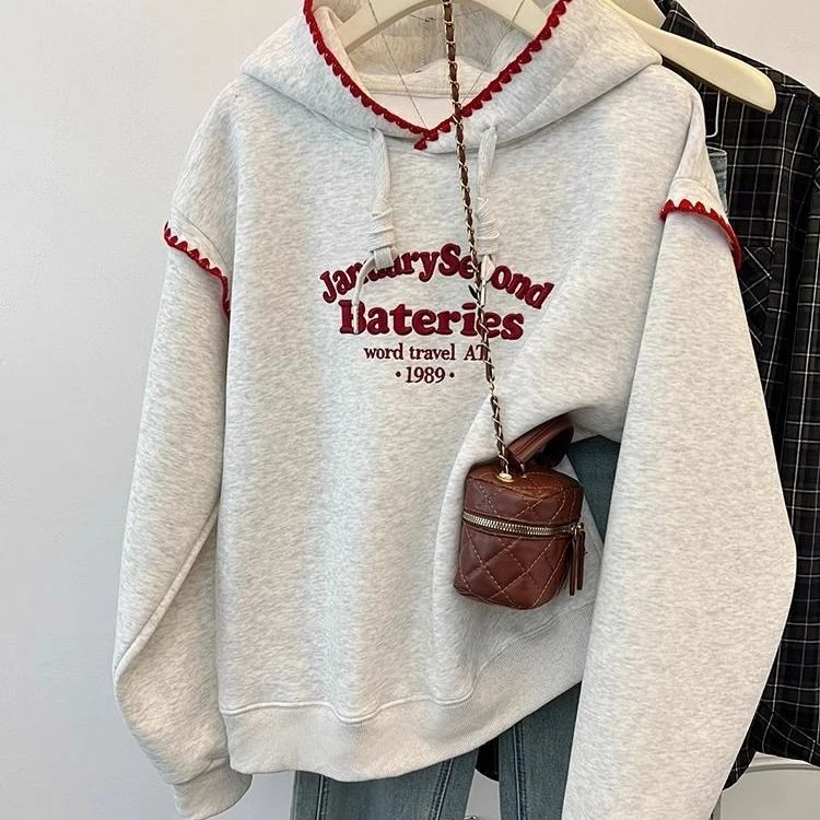 早秋休闲宽松连帽韩版卫衣特大码300斤刺绣别致字母洋气百搭外套