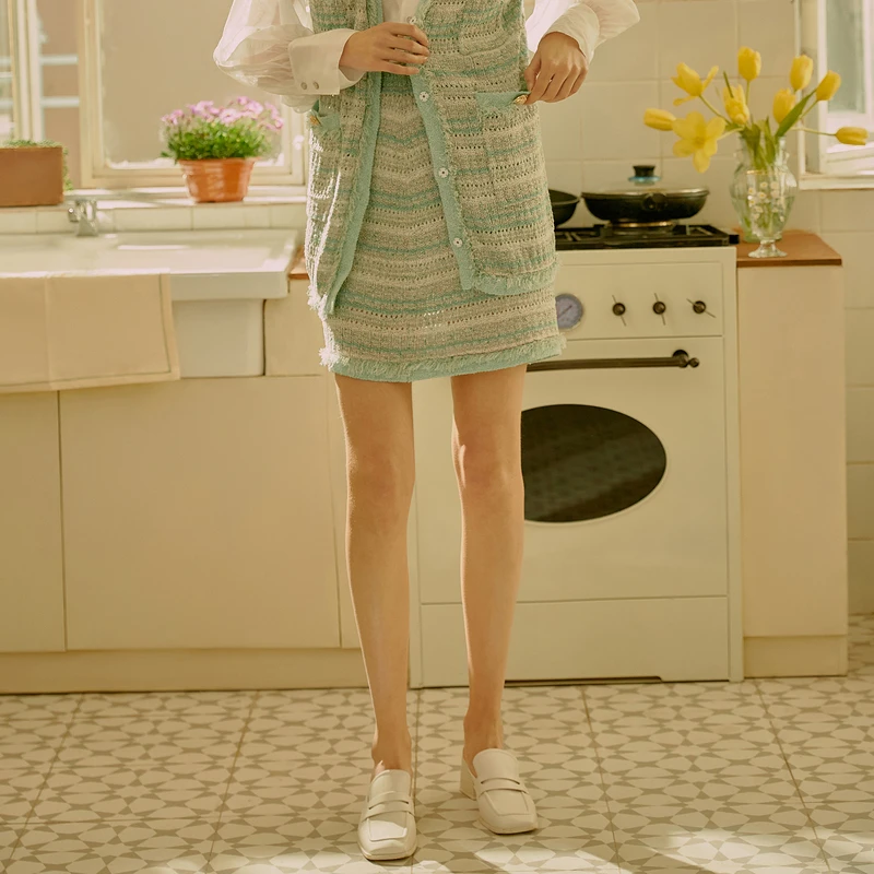 【若谷大大专属】MOISSAC夏季绿色腰裙清新小香风时尚气质女半身裙