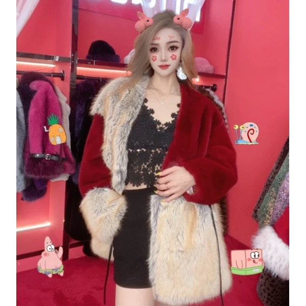 【时尚芭莎】25年冬季新款红色撞色拼接中长款气质时尚毛毛外套