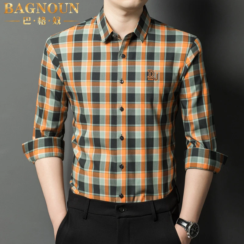 巴格奴长袖衬衫男士春秋新款时尚轻奢撞色格子商务休闲刺绣潮衬衣