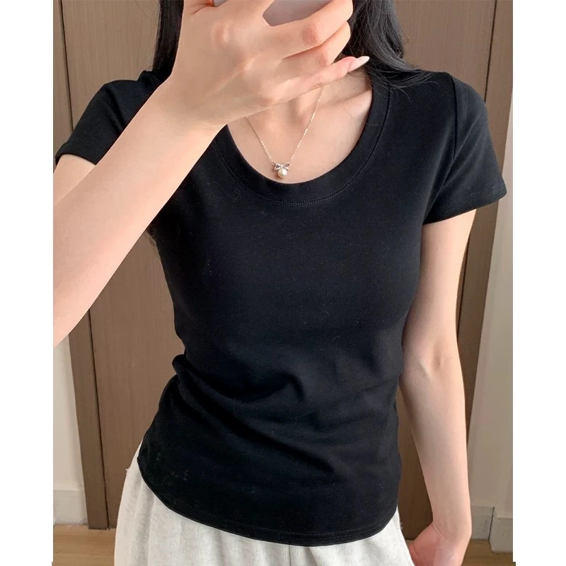 U领掐腰修身显瘦纯欲上衣基础款纯色正肩短袖T恤女夏季甜辣妹上衣