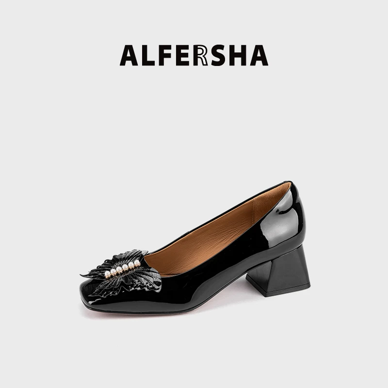 2025春款四季单鞋阿芙莎广系2619370新款舒适蝴蝶花方头粗跟单鞋