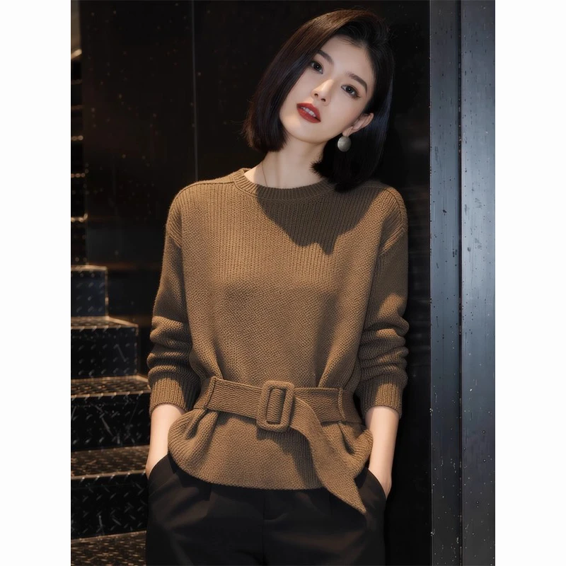 2025冬季新款女气质设计感系带收腰毛衣长袖法式温柔风套头针织衫