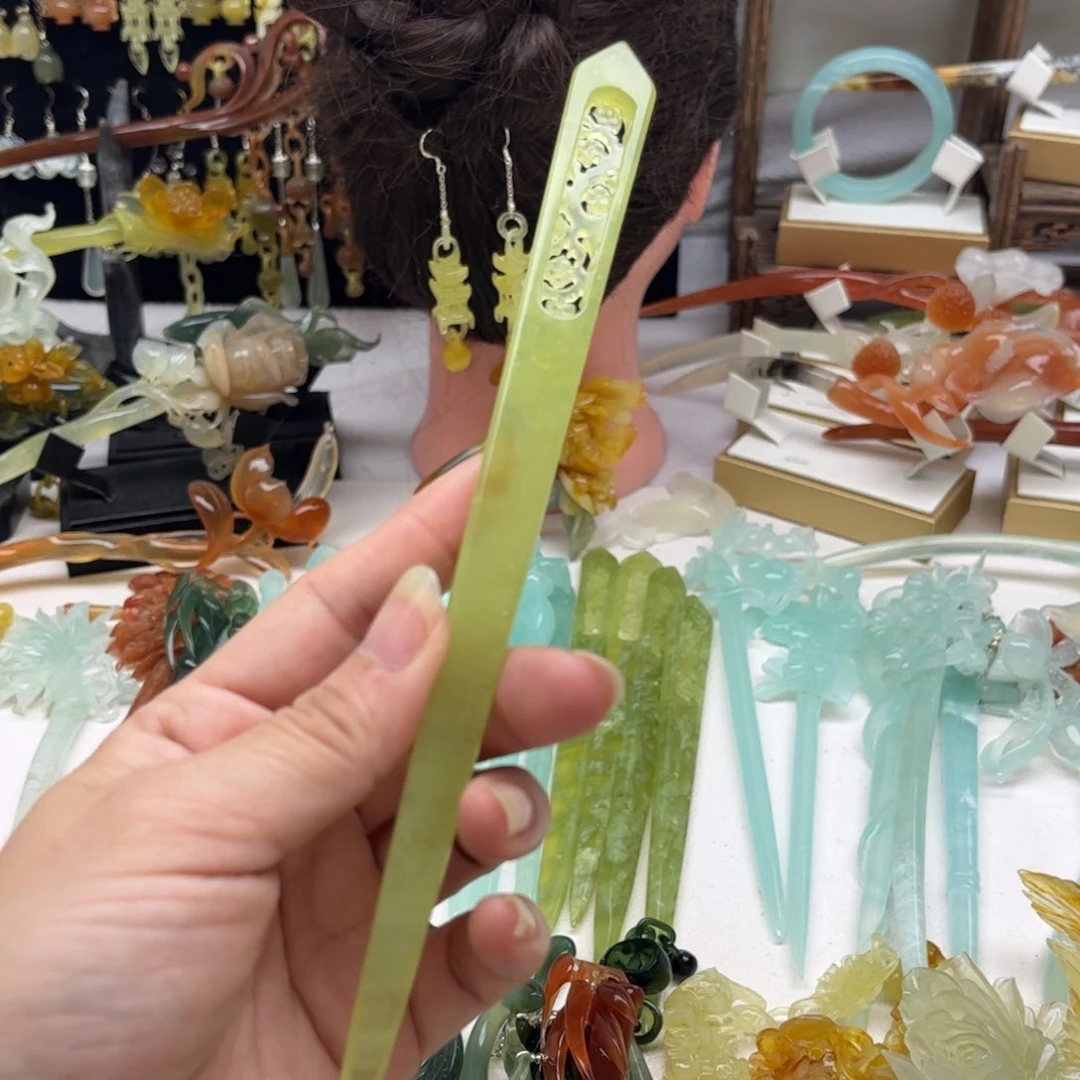 蛇纹石玉发饰合金半*~