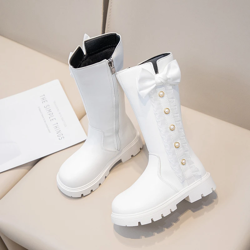 童贝彩女童长筒靴冬季新款洋气女孩公主靴加绒保暖高筒靴儿童皮靴