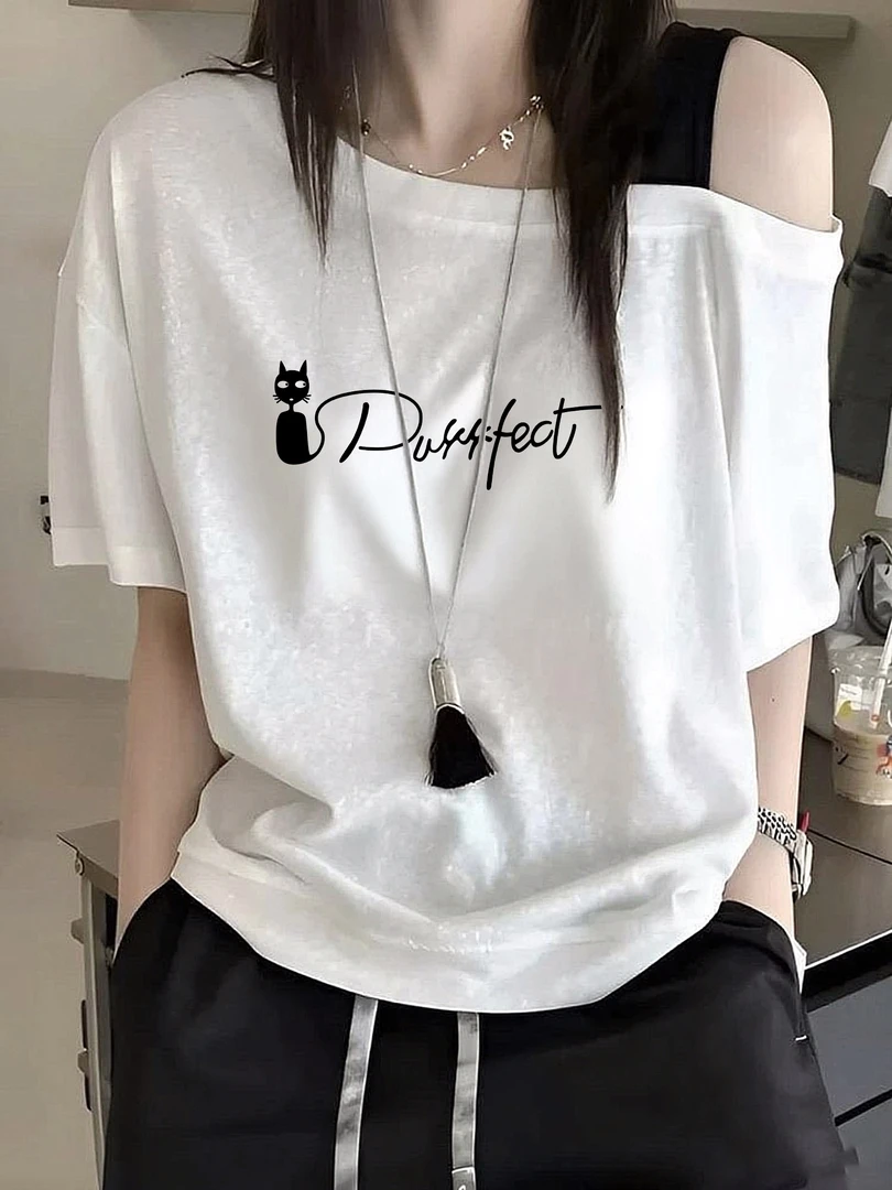 韩系字母印花斜肩上衣女2025夏季新款设计感撞色露肩吊带短袖T恤