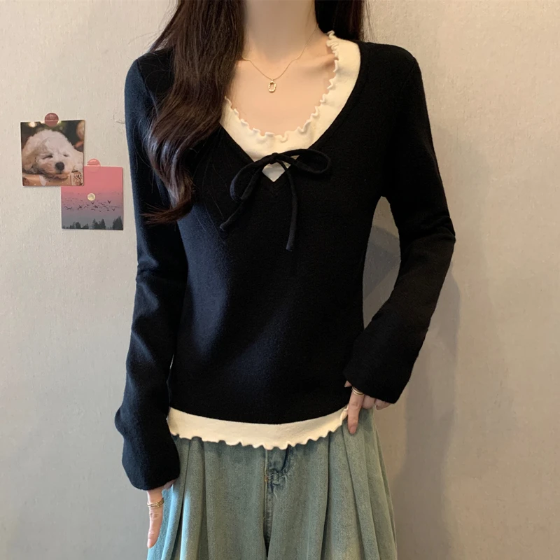 木耳边假两件针织衫毛衣女秋冬显瘦遮肚子胖mm大码v领蝴蝶结上衣