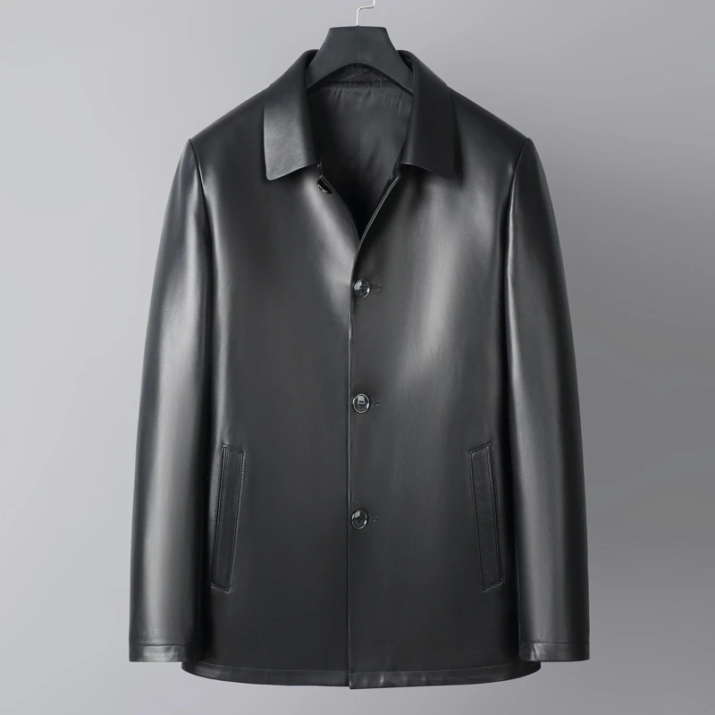 2025高档真皮皮衣男绵羊皮外套翻领休闲秋冬款中年爸爸时尚皮夹克