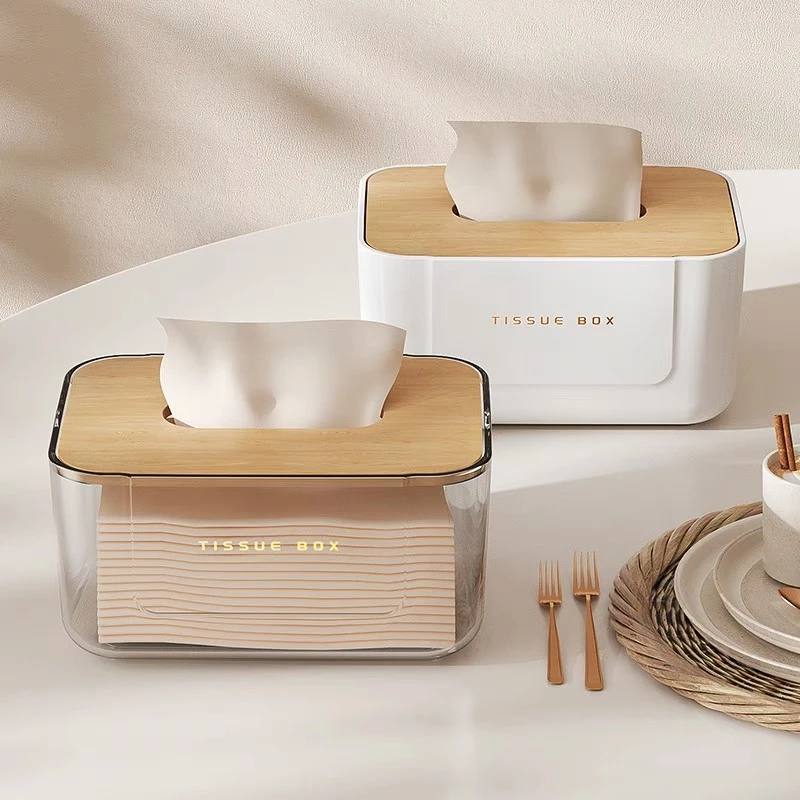 轻奢透明纸巾盒客厅茶几抽纸盒木盖纸抽盒简约洗脸巾餐巾纸收纳盒