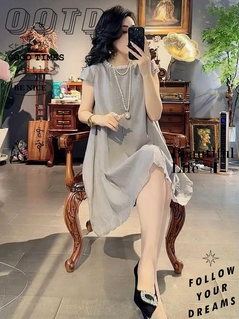 法式小众休闲显瘦短袖连衣裙欧洲站2025夏季新款洋气简约纯色短裙