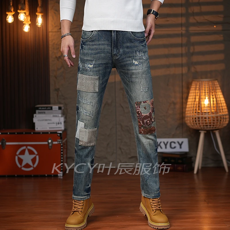香港高端牛仔裤男士蓝色秋冬新款修身小直筒拼接贴布潮流百搭长裤