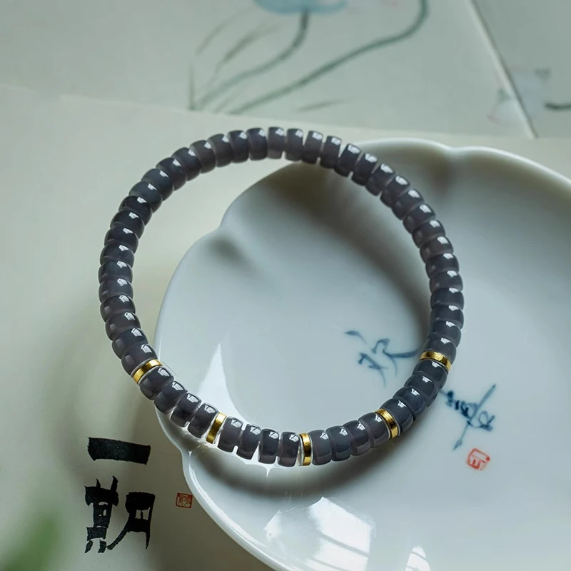 简约轻奢烟紫玉手串正宗天然和田玉手作直切归圆手链烟紫原创礼物