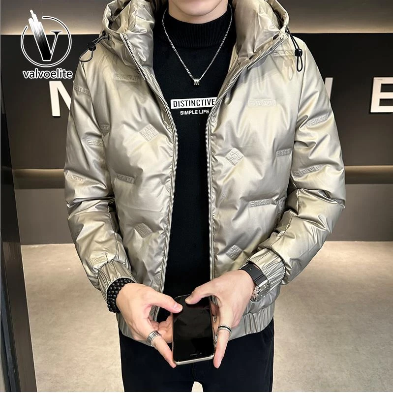 VALVOELITE新款秋冬连帽防风保暖轻薄羽绒服男修身短款翻领外套潮