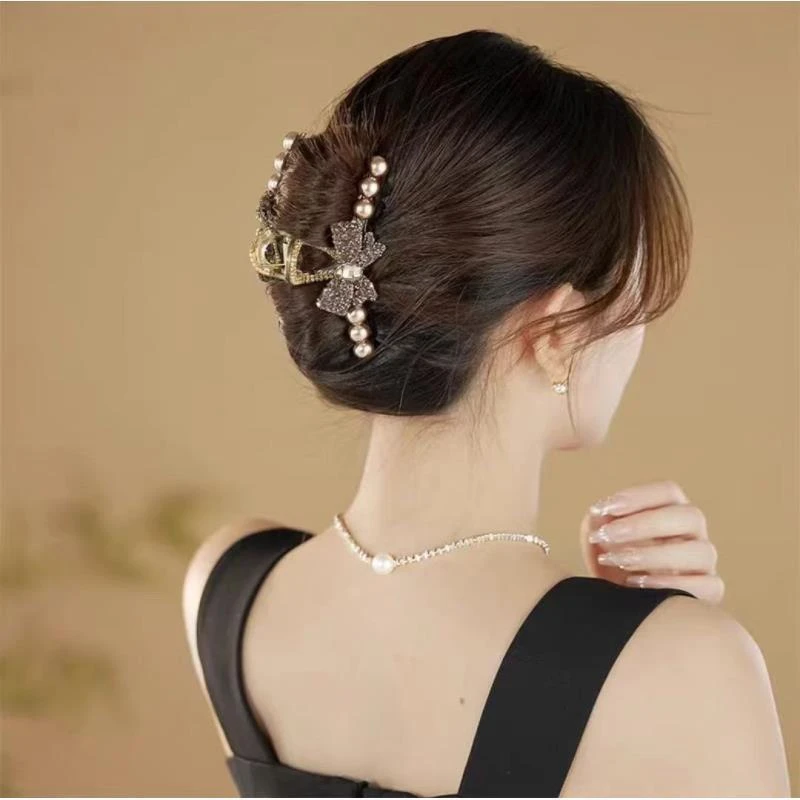 C1008高级感重工双面满钻蝴蝶结香槟色珠珠抓夹气质百搭