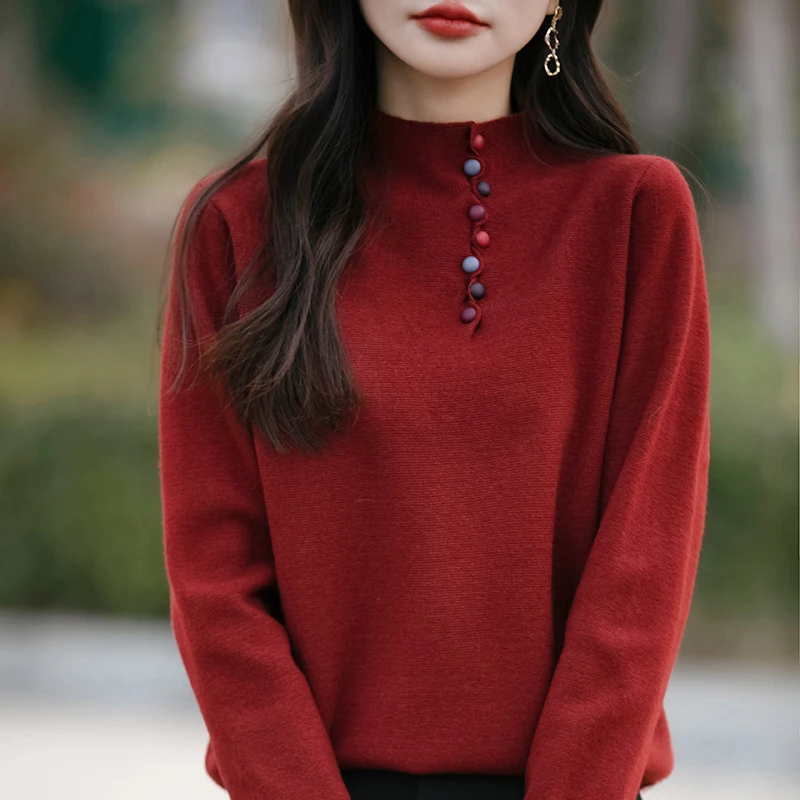 鄂尔多斯市女款羊毛衫100纯羊毛上衣针织衫短款时尚纽扣打底衫