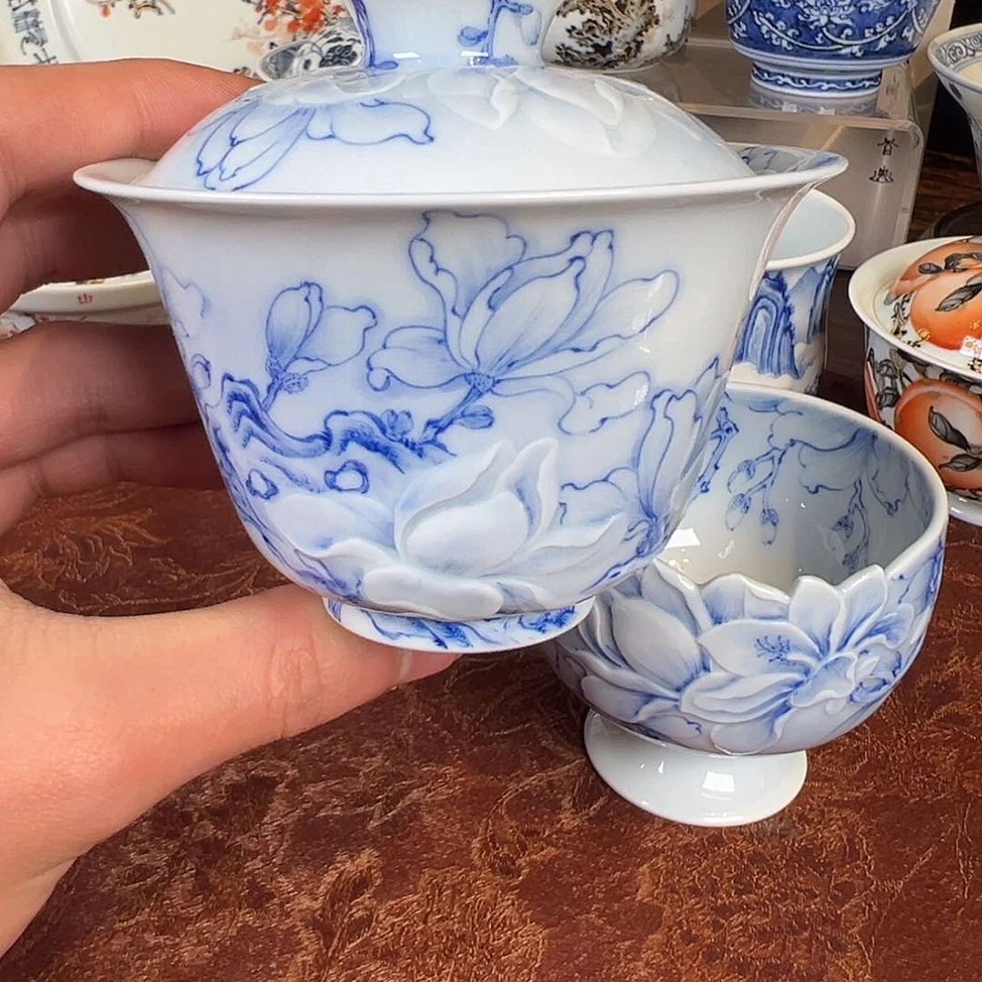 杯子瓷青樵轩雕刻玉兰花盖碗