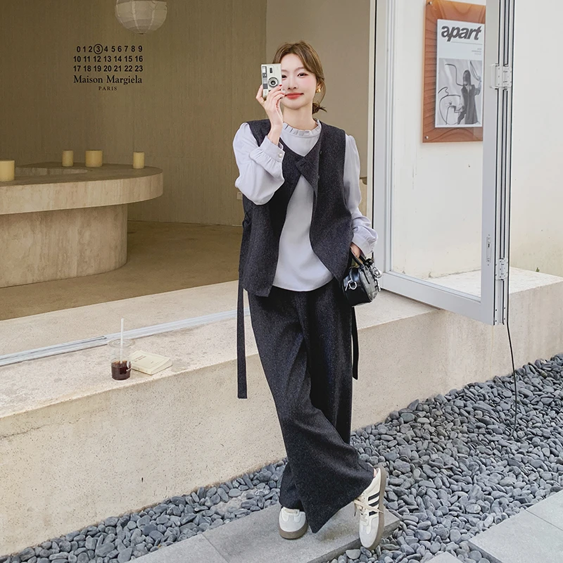 韩系高级感穿搭娃娃领雪纺衫灰色马甲阔腿裤三件套时尚休闲套装女