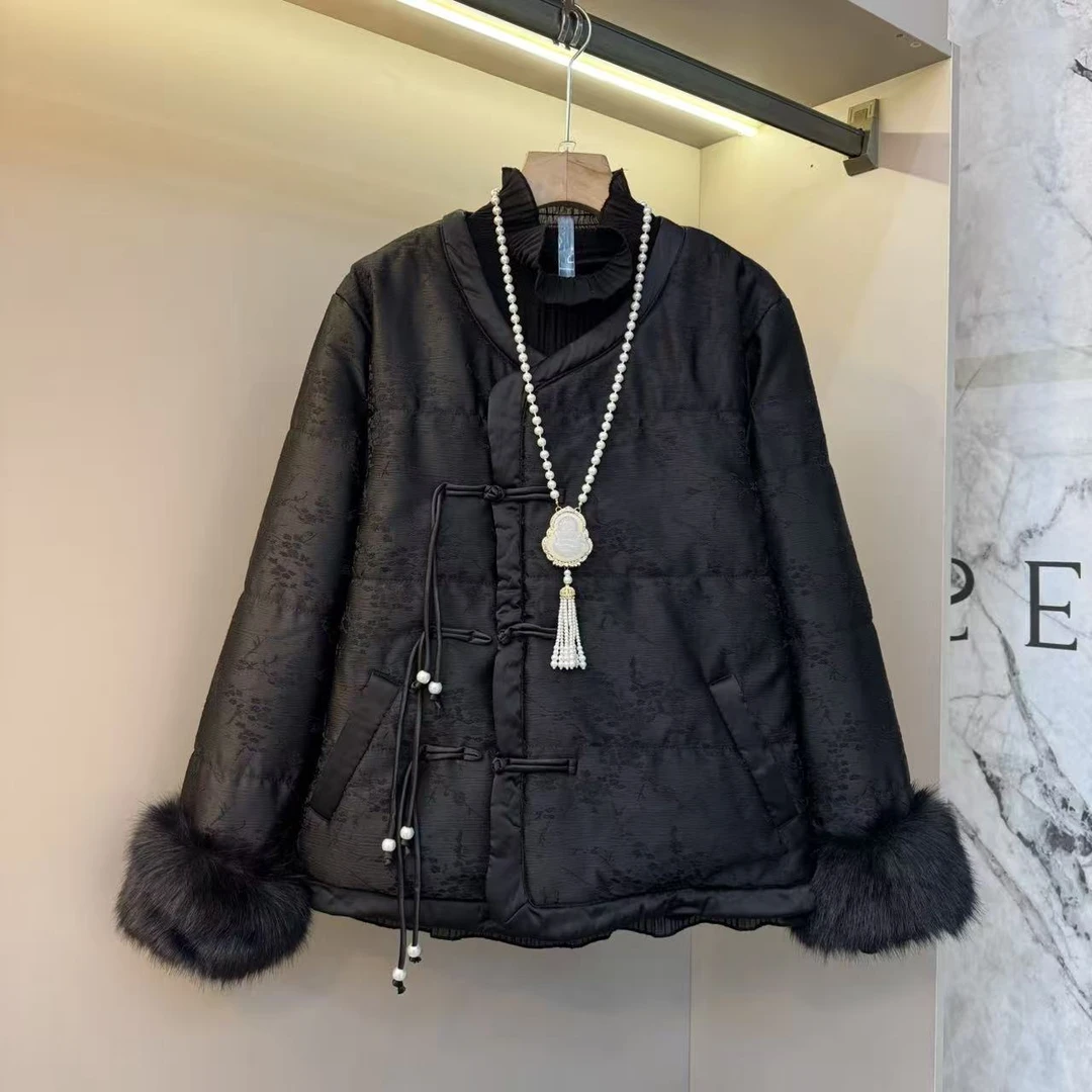 2025秋冬欧货洋气新中式时尚保暖毛毛拼接盘扣宽松胖mm外套24292