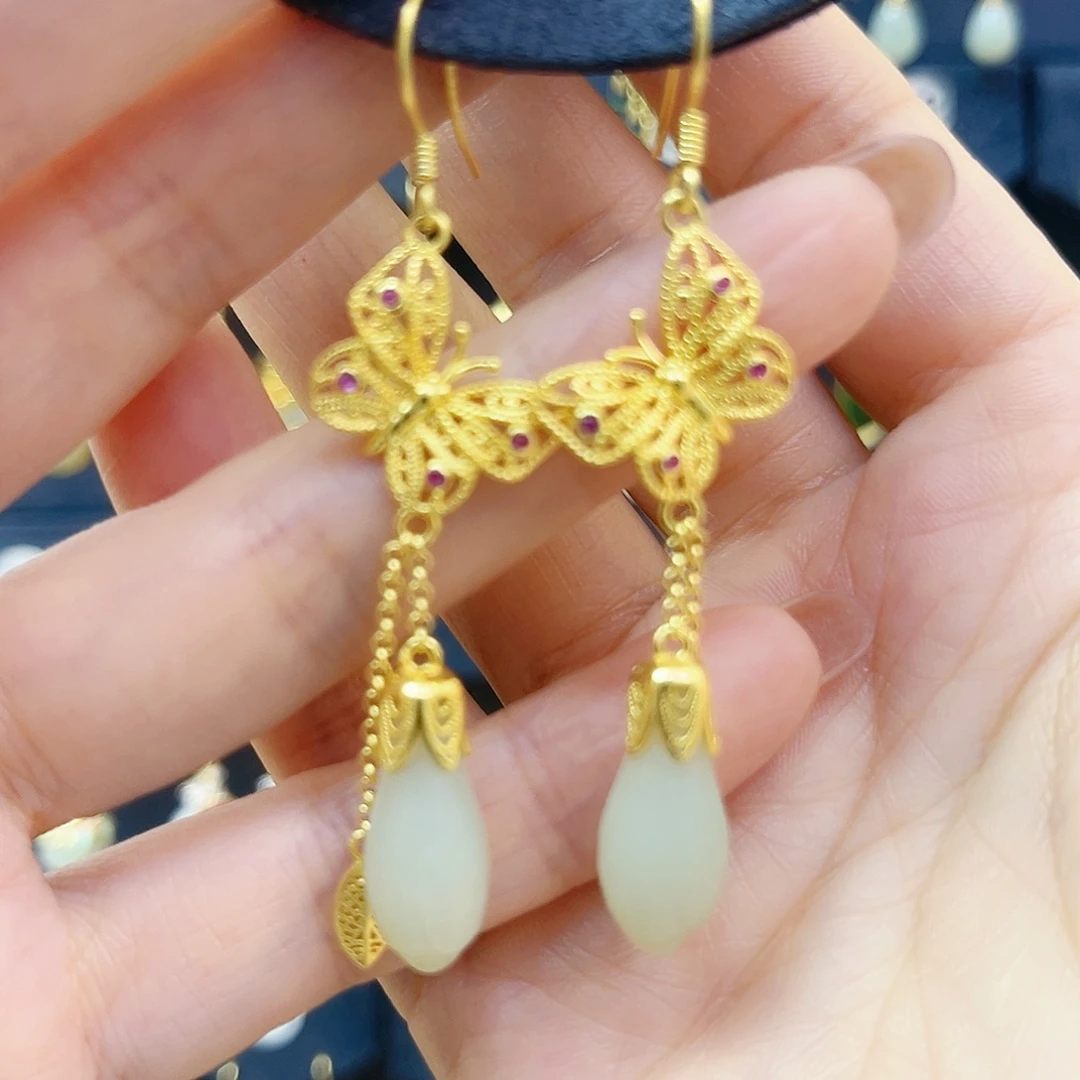 和田玉银S925镀金镶嵌耳饰