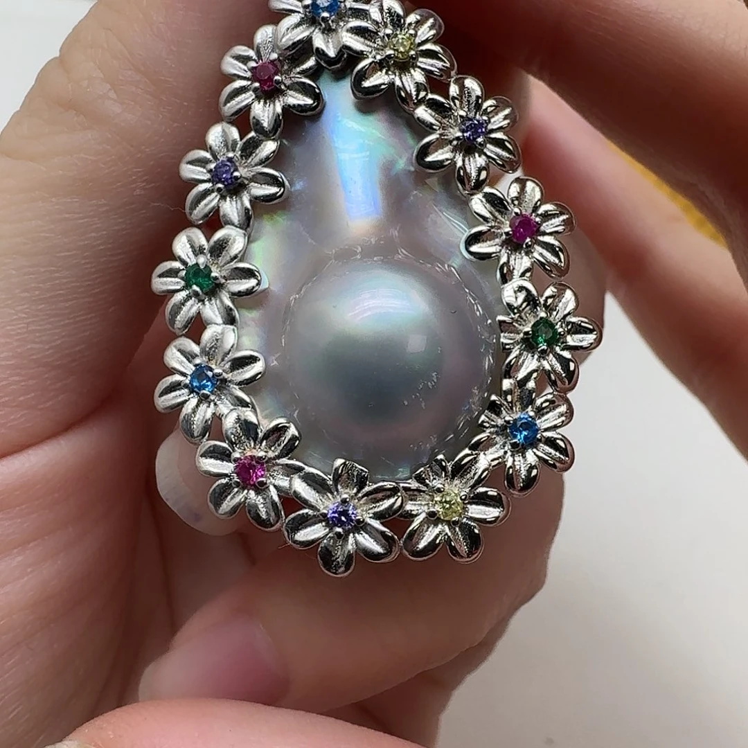 银S925镶嵌拼合珍珠（马贝珠）颈饰