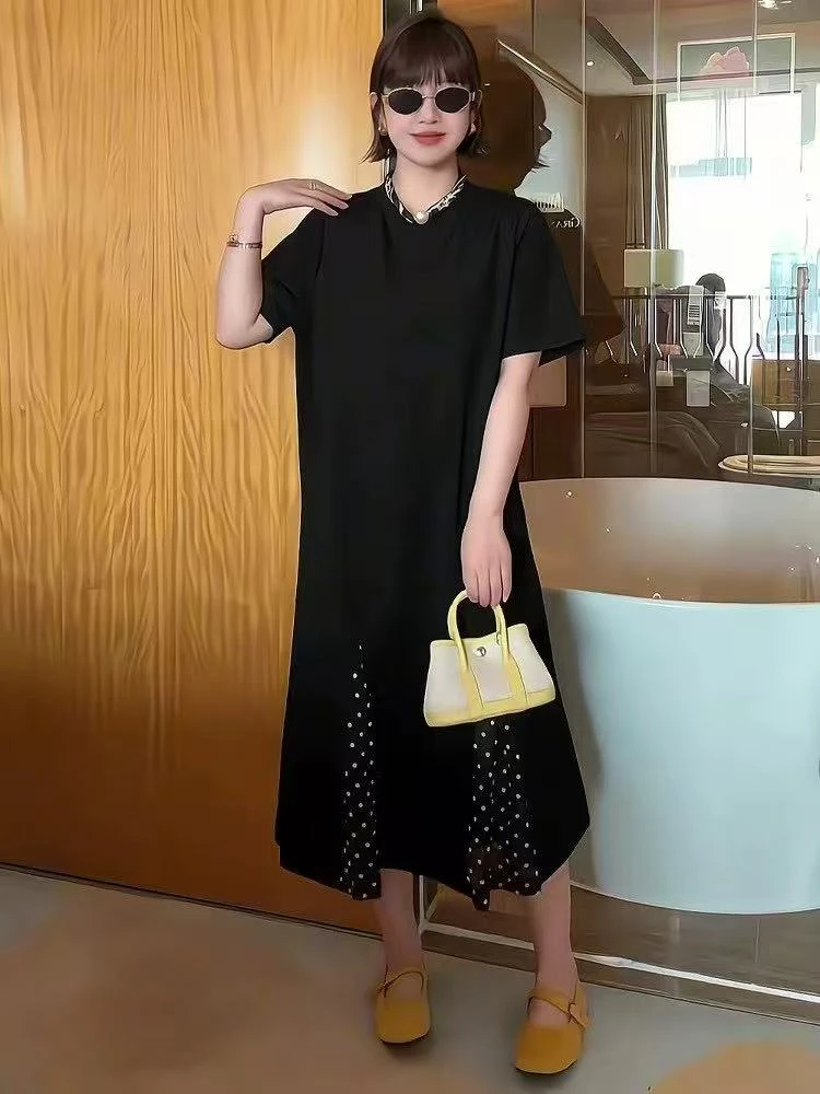 2025夏季新款波点设计短袖拼接设计感宽松显瘦简约气质连衣裙2239