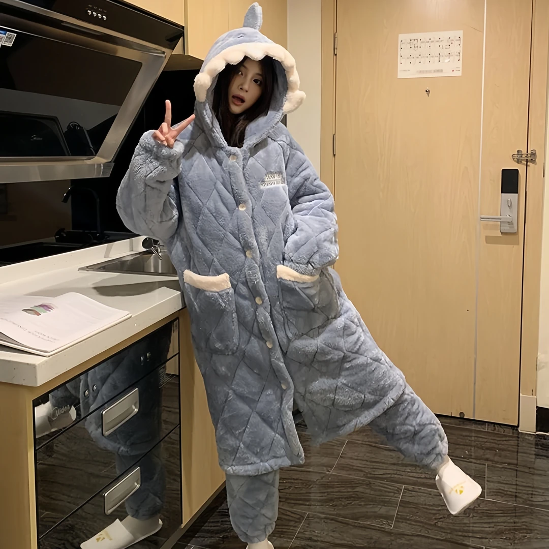 冬季加厚加绒三层夹棉保暖睡袍睡裤两件套可爱卡通鲨鱼连帽家居服