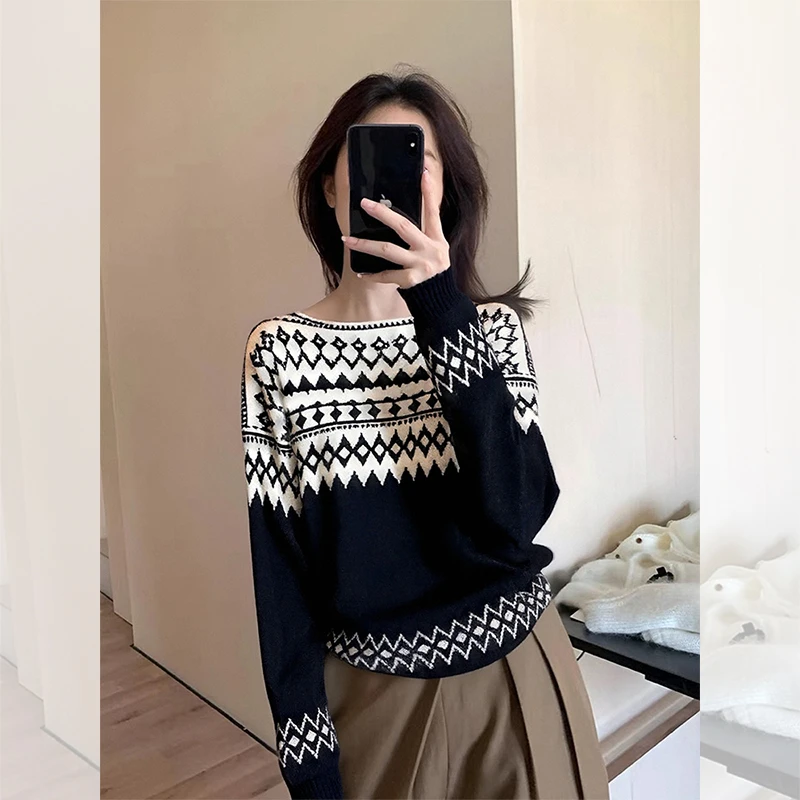 独特漂亮黑色小衫新款潮牌毛衣女装秋冬洋气高贵针织衫费尔岛上衣