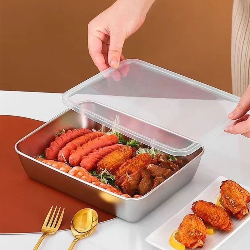 【拍一发二】带盖子不锈钢方盘凉菜盘卤菜盘平底盘烤鱼盘食物收纳ZB