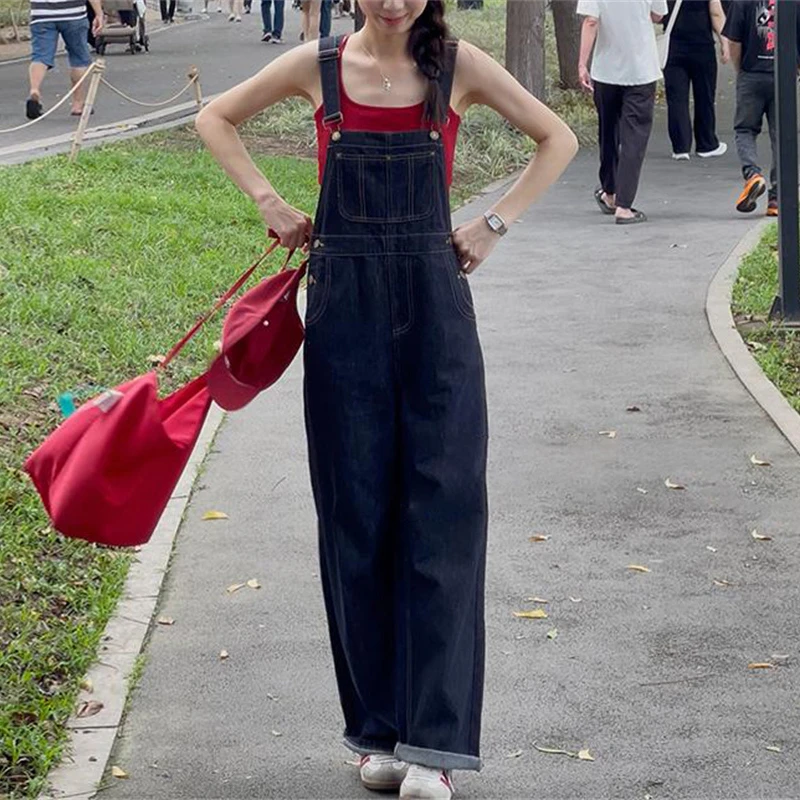 美式复古小个子蓝黑牛仔背带裤女连体裤显瘦显高新款长裤阔腿裤子