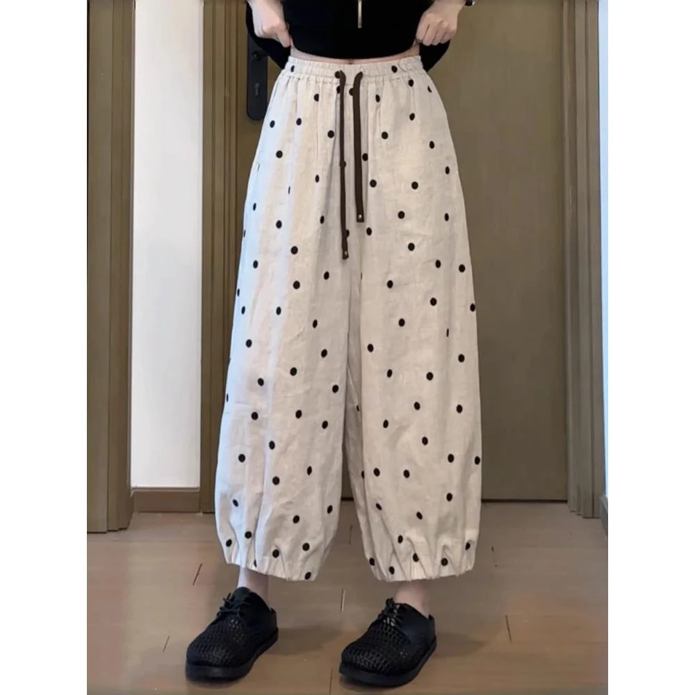 DS韩系休闲九分裤女2025夏季宽松百搭阔腿裤洋气波点高腰哈伦裤