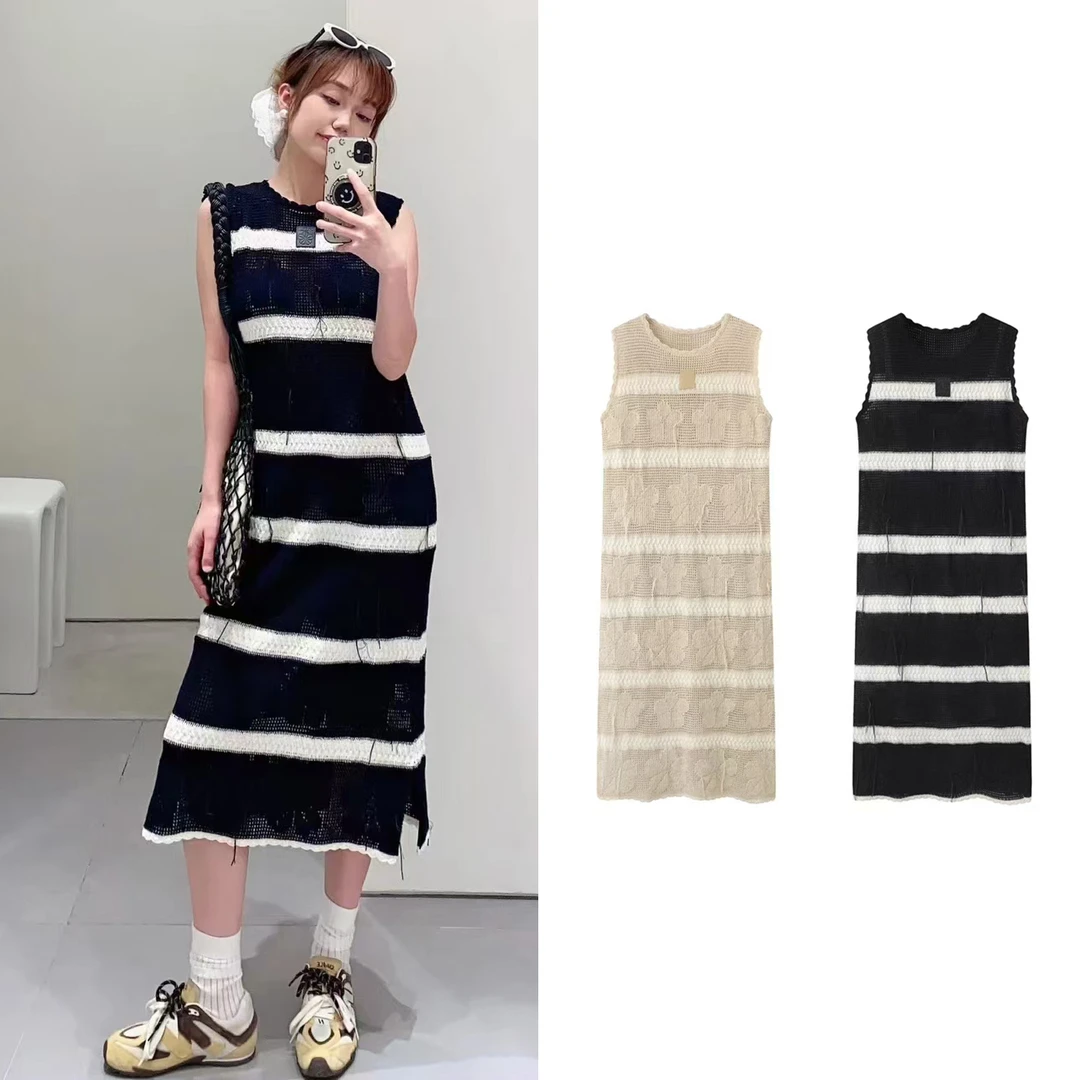 【0519】【条纹针织裙】2025夏季新款流苏条纹无袖圆领直筒针织连衣裙