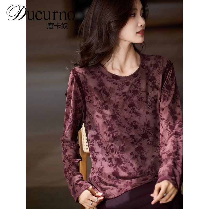 女装时尚网眼恤显瘦圆领印花秋季女士春秋洋气百搭长袖宽松内搭