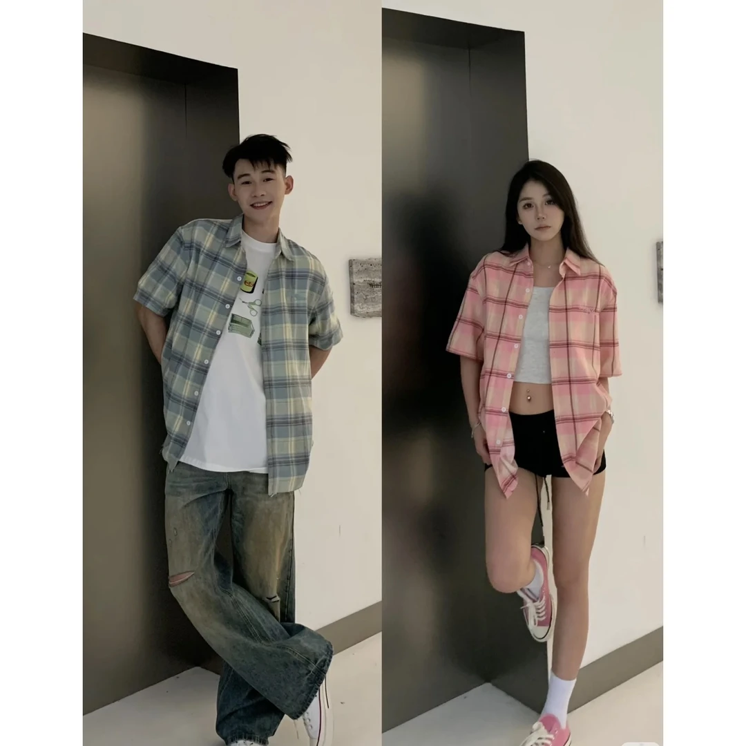 E12#美式复古水洗刺绣撞色格纹短袖衬衫男女情侣夏季宽松休闲衬衣