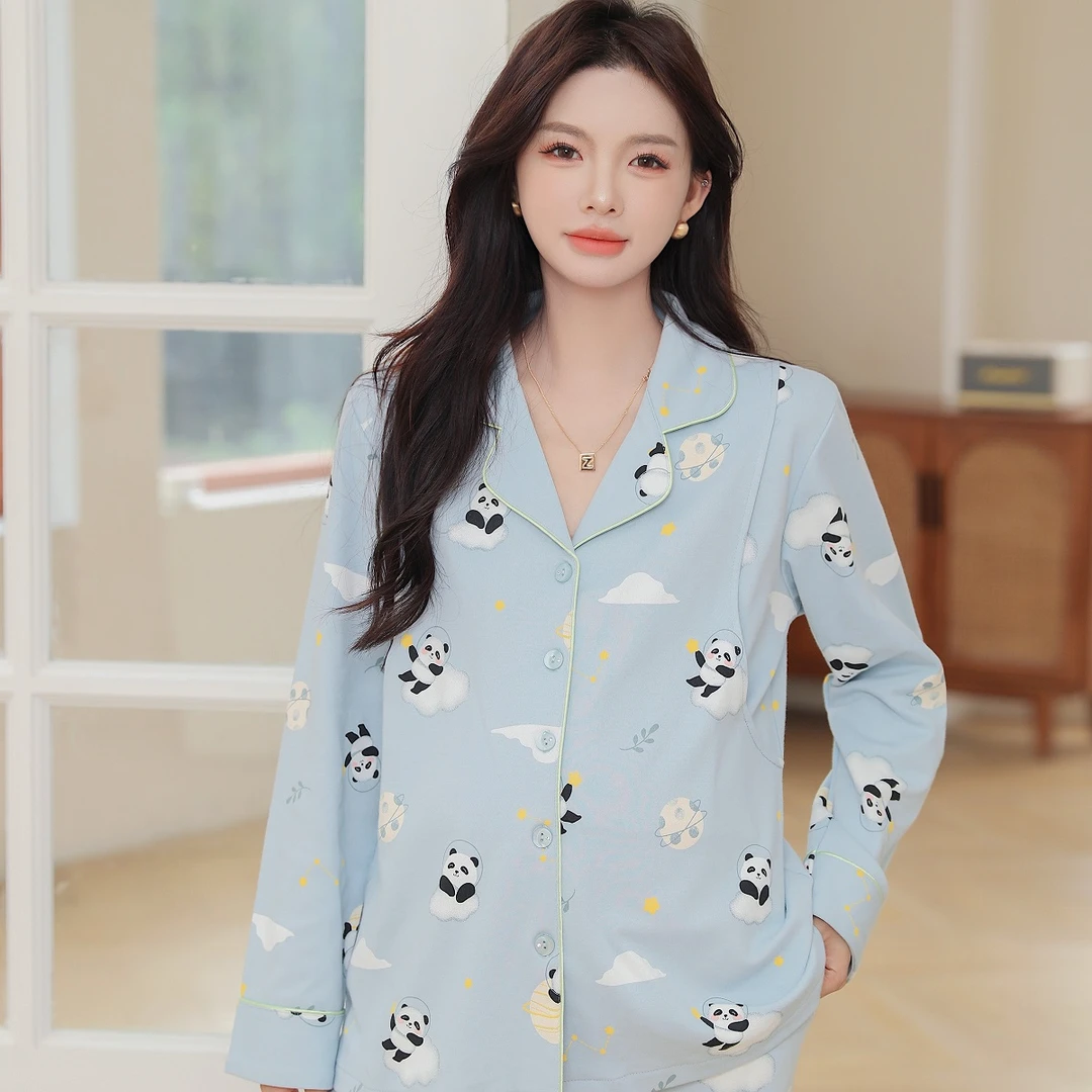 孕妇装翻领侧开口科技熊猫可哺乳月子服套装57638