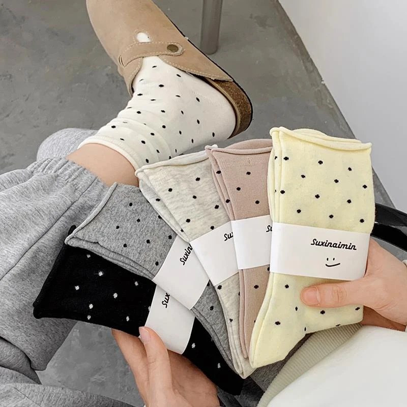 波点袜子女春夏季薄款中筒纯棉韩版ins潮日系卷边春秋款韩国长袜