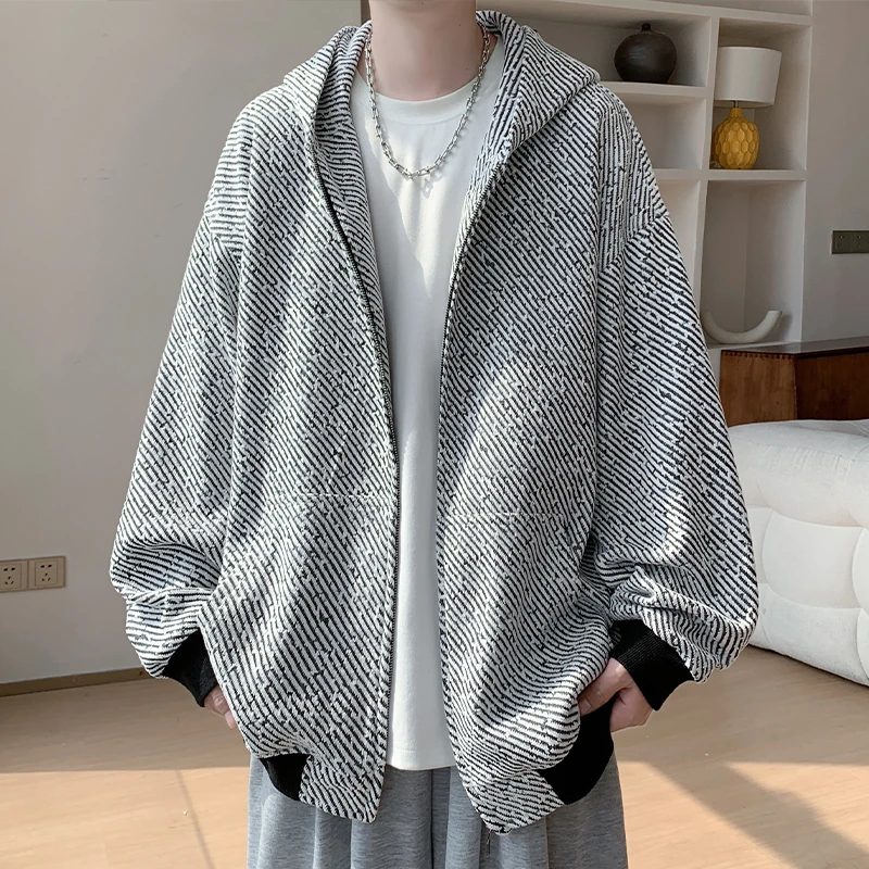 斑马纹毛呢连帽外套男秋冬加绒潮牌美式重磅开衫卫衣大码休闲夹克