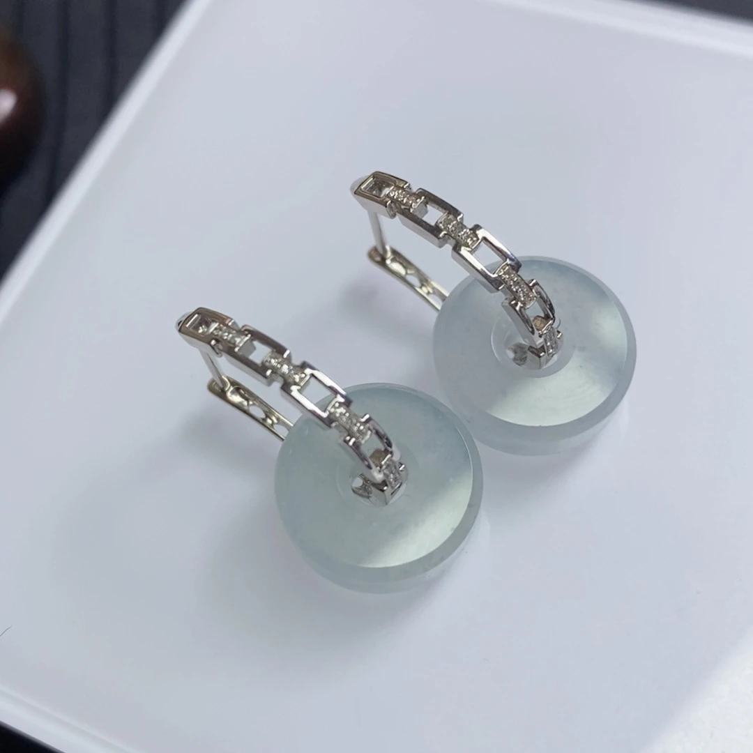 翡翠18K金镶嵌耳饰链条耳包➕冰蓝底路路通