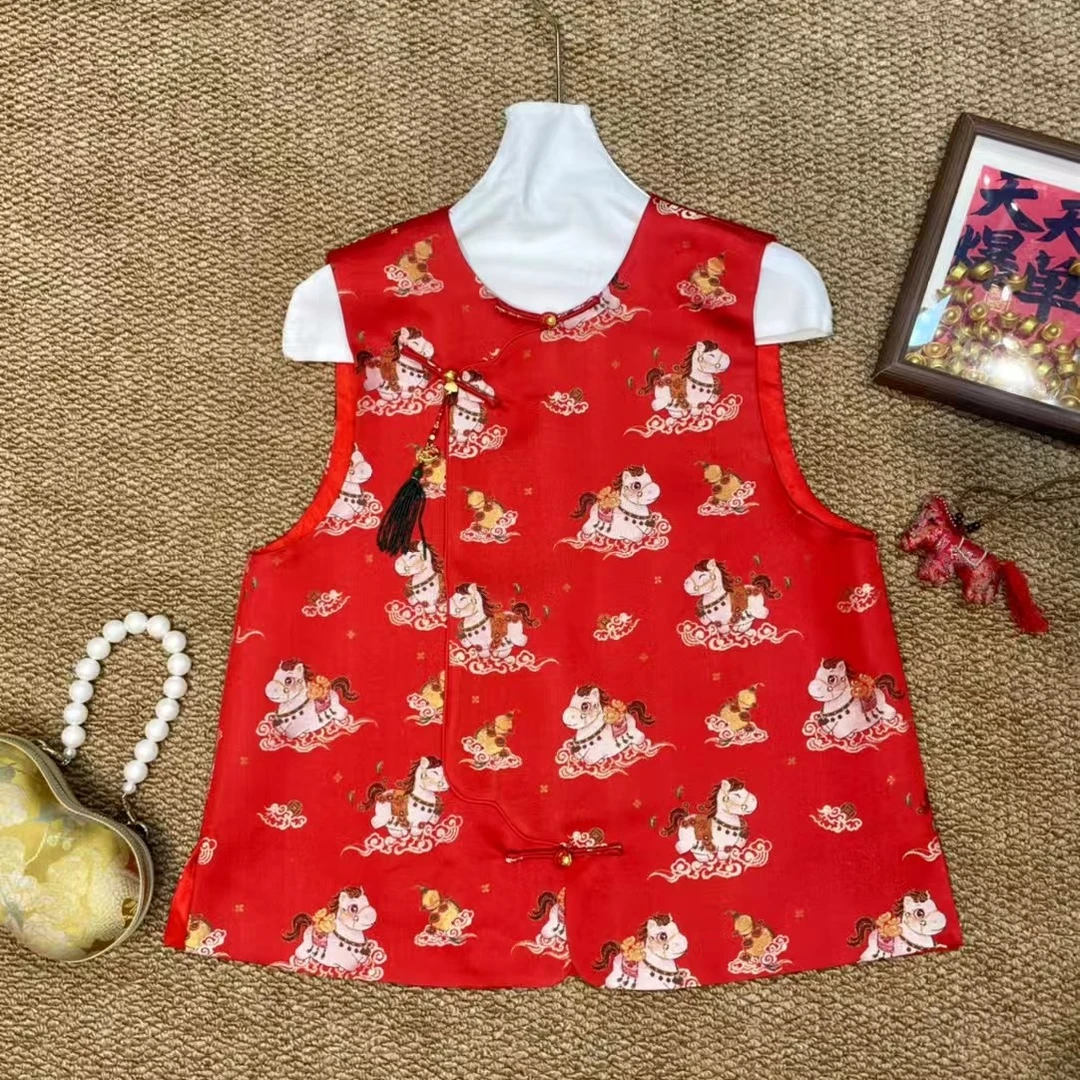 深圳高货 新中式大师作品桑蚕丝带钢印宋锦马上有福春季新款马夹