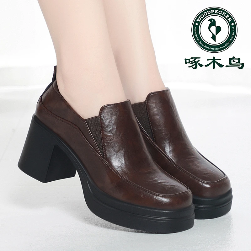 啄木鸟粗跟厚底小皮鞋春秋方头深口单鞋黑色工作鞋不累脚高跟女鞋