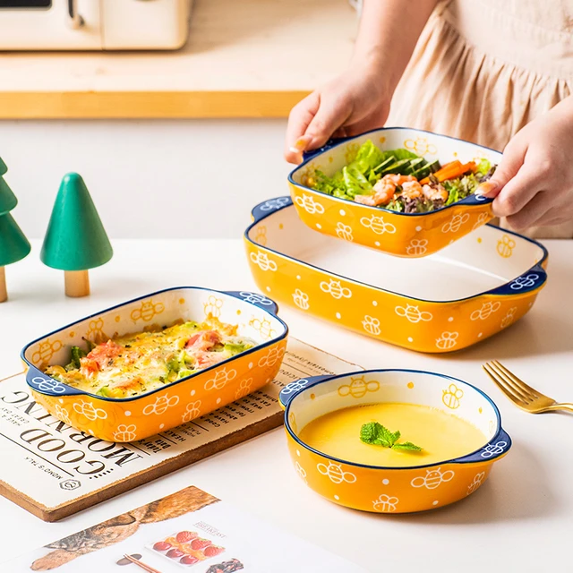 ezicok烤盘陶瓷焗饭盘可爱手绘盘子双耳碗家用餐盘菜盘子烘焙烤碗