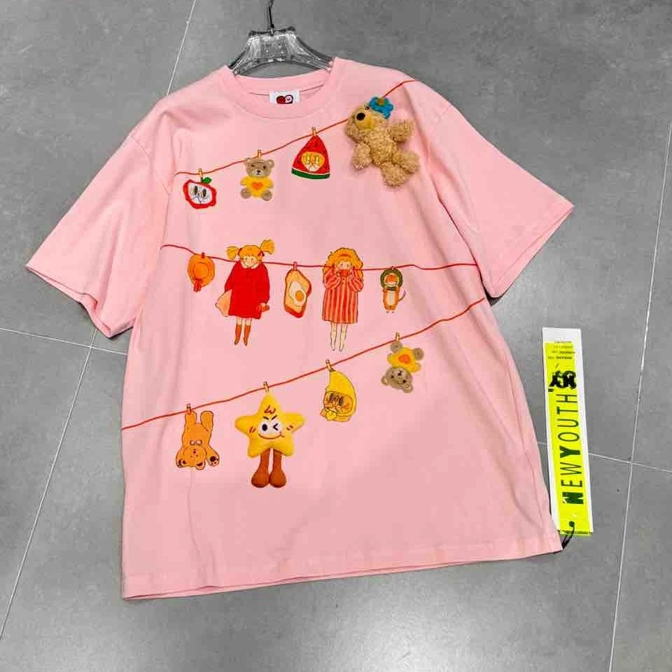 南油潮牌女装 立体小熊公仔 西瓜粉色宽松短袖T恤