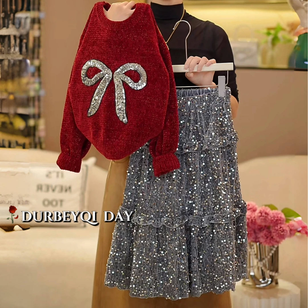 女童2024冬季新款蝴蝶结毛衣时尚半身裙套装5013