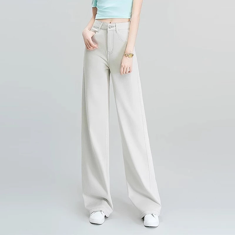 莫兰迪灰天丝垂坠直筒牛仔裤女2025年夏季新款高腰显瘦窄版阔腿裤