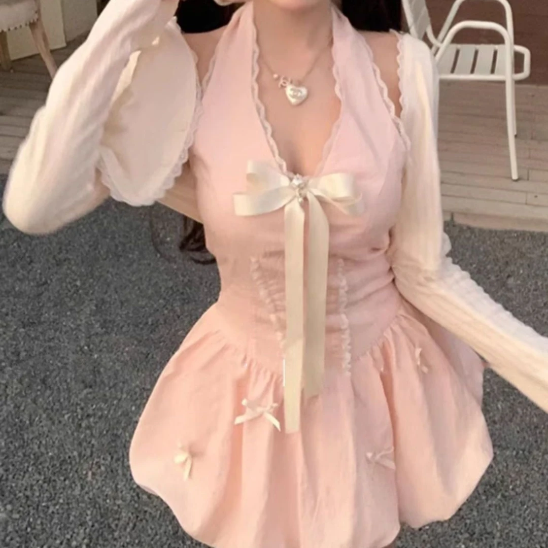 2025春季新款女装蝴蝶结公主蓬蓬纯欲风连衣裙显瘦开衫两件套短裙