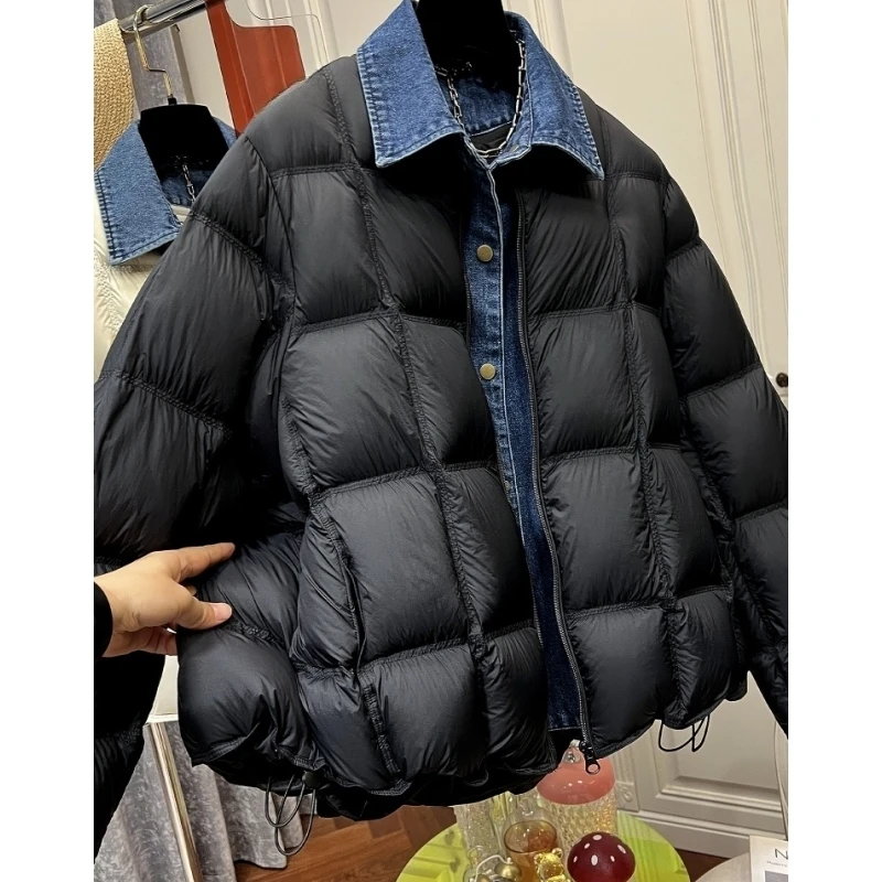 牛仔拼接领子简约棉衣棉服外套女冬季设计感假两件加厚保暖面包服